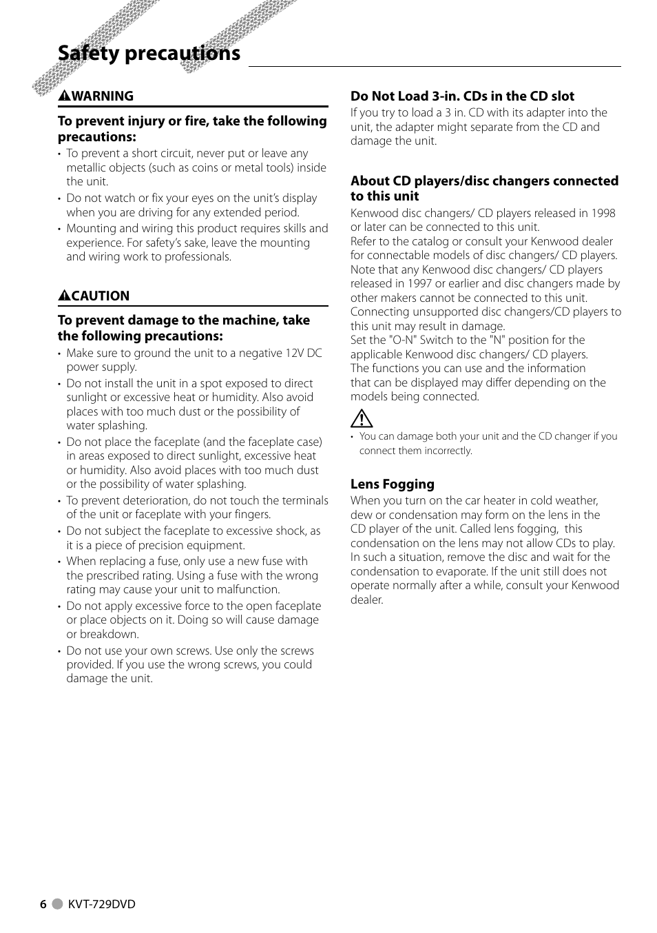 Safety precautions | Kenwood KVT-729DVD User Manual | Page 6 / 100