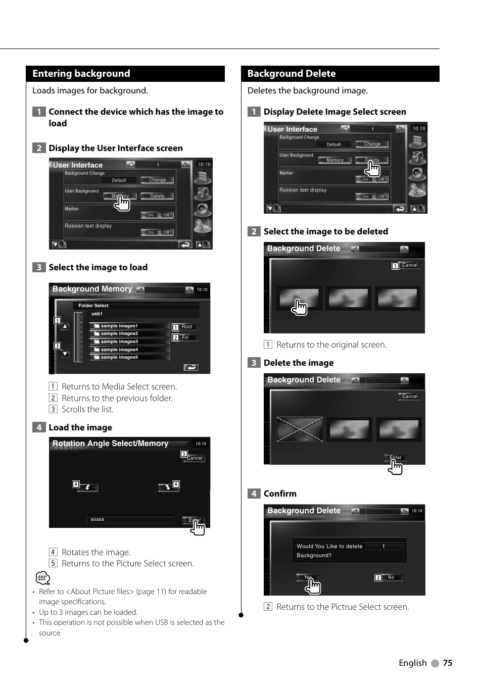 Entering background, Background delete, English 75 | 4confirm, 2 returns to the pictrue select screen | Kenwood KVT-729DVD User Manual | Page 75 / 100