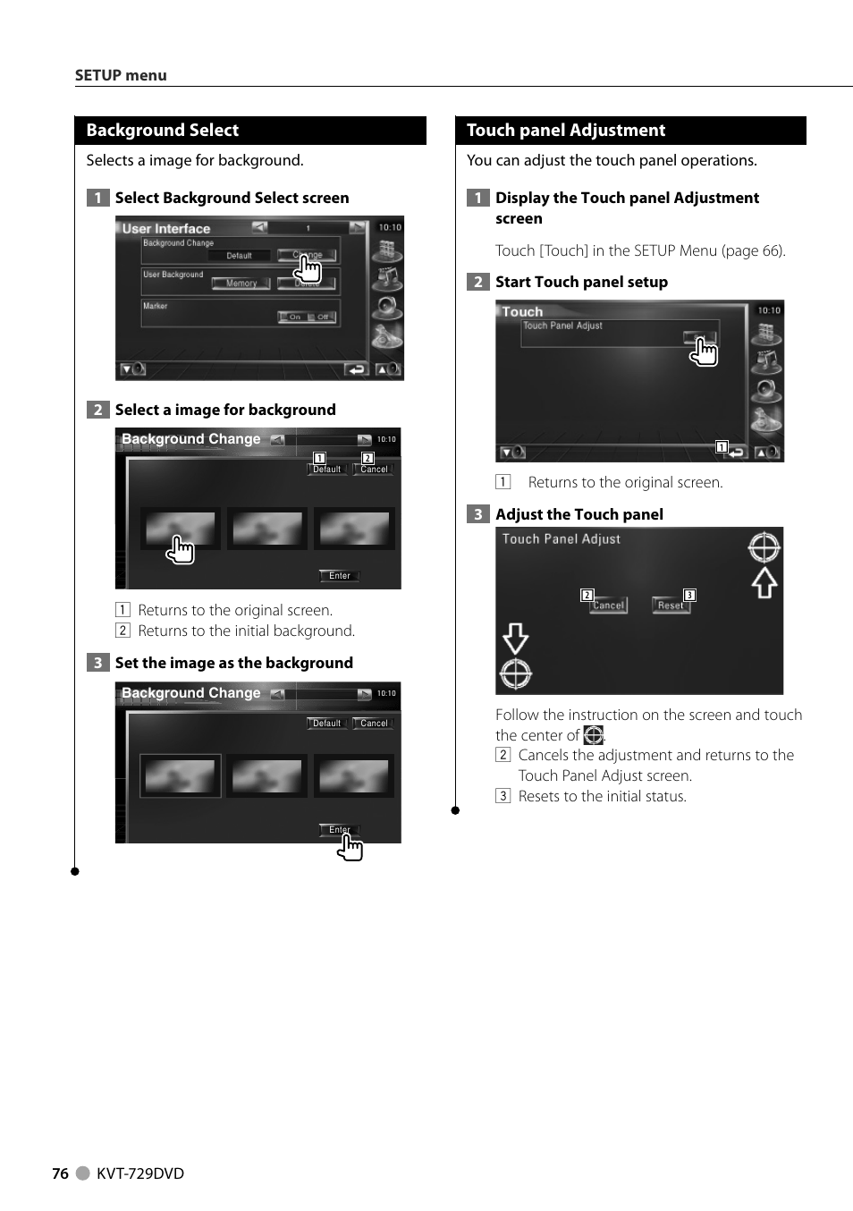 Background select, Touch panel adjustment | Kenwood KVT-729DVD User Manual | Page 76 / 100