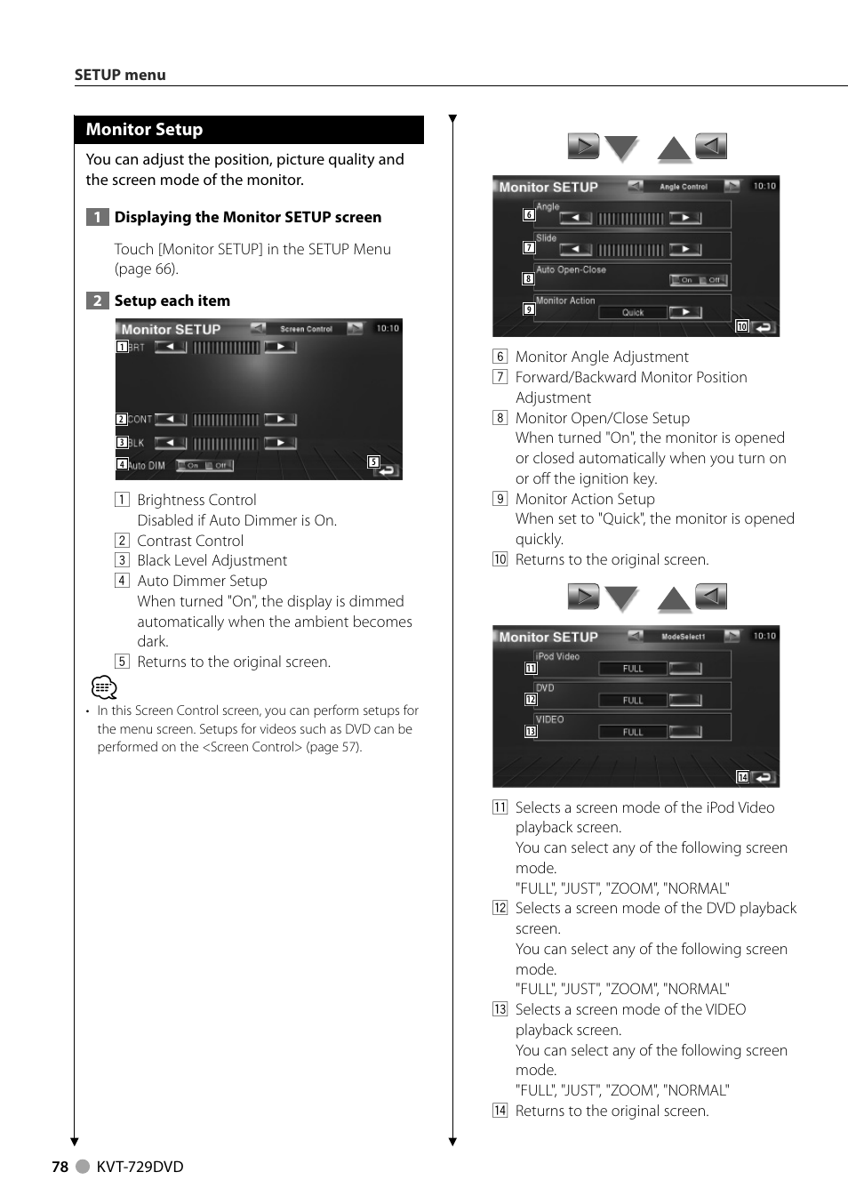 Monitor setup | Kenwood KVT-729DVD User Manual | Page 78 / 100