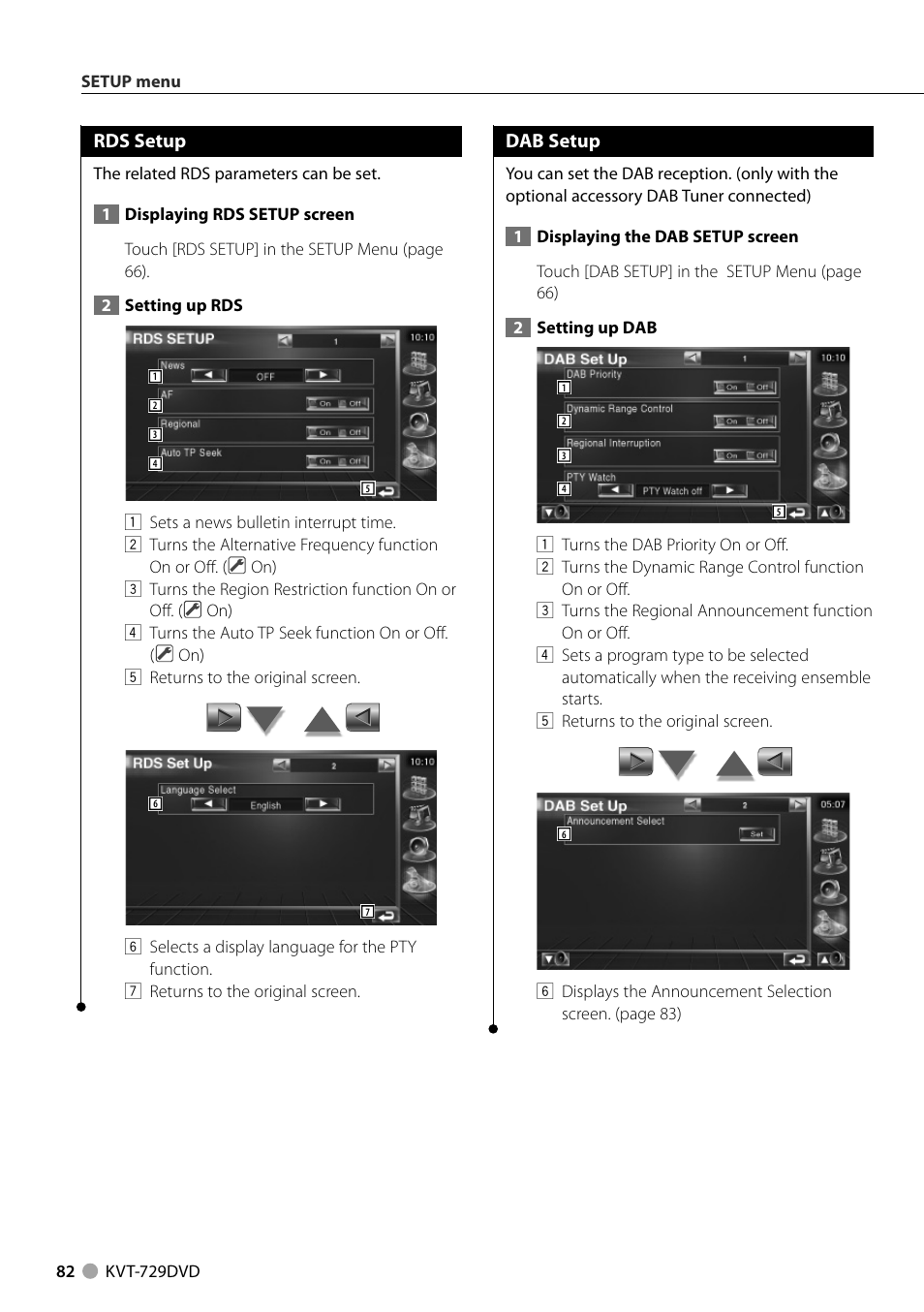 Dab setup, Rds setup | Kenwood KVT-729DVD User Manual | Page 82 / 100