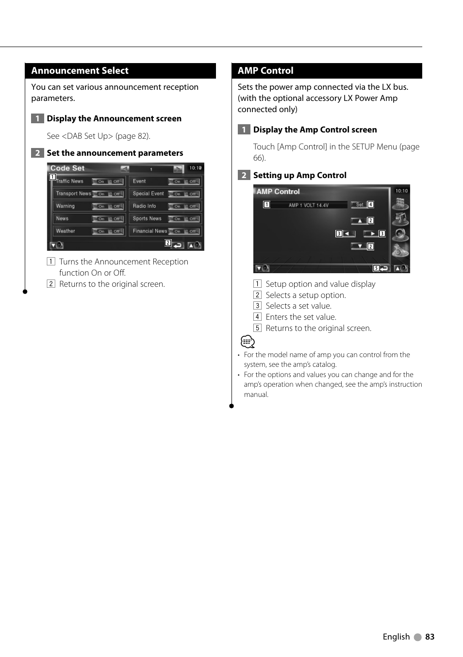 Announcement select, Amp control | Kenwood KVT-729DVD User Manual | Page 83 / 100