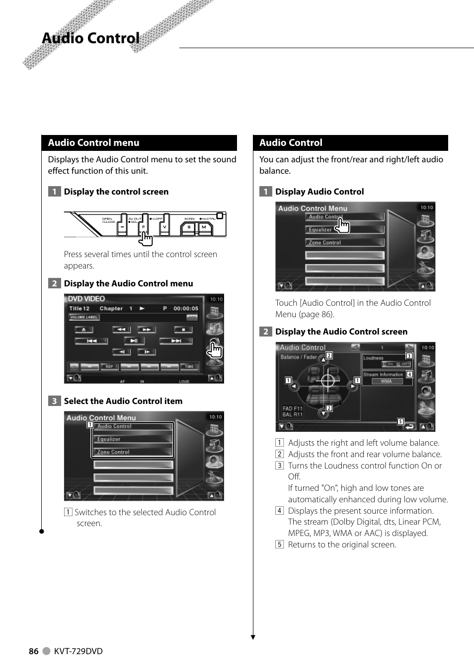 Audio control | Kenwood KVT-729DVD User Manual | Page 86 / 100