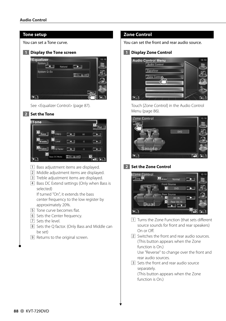 Tone setup, Zone control | Kenwood KVT-729DVD User Manual | Page 88 / 100