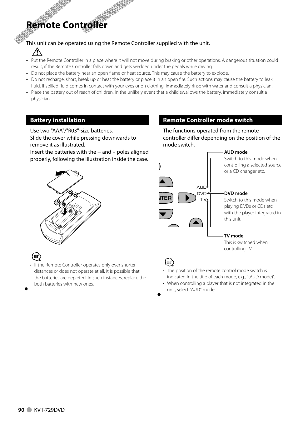 Remote controller | Kenwood KVT-729DVD User Manual | Page 90 / 100