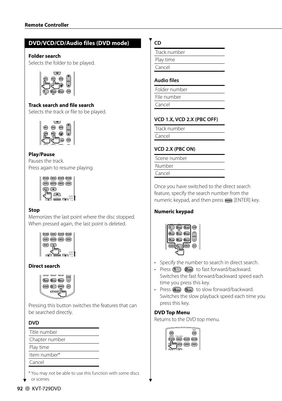 Dvd/vcd/cd/audio files (dvd mode), Folder search selects the folder to be played, Direct search | Enter] key. numeric keypad | Kenwood KVT-729DVD User Manual | Page 92 / 100