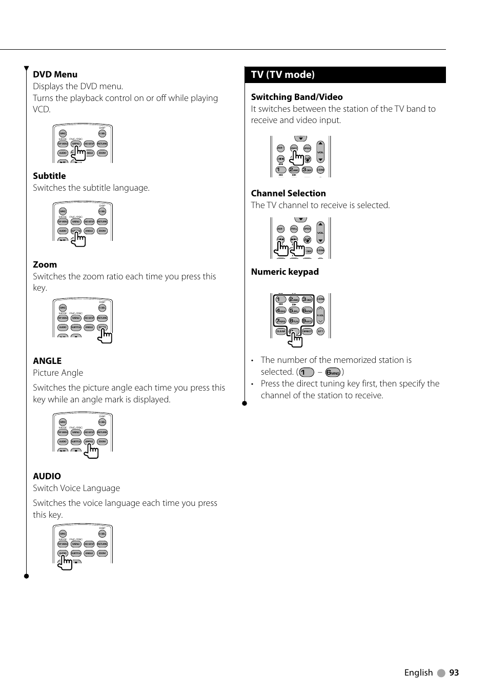 Tv (tv mode), Subtitle switches the subtitle language, Numeric keypad | Kenwood KVT-729DVD User Manual | Page 93 / 100