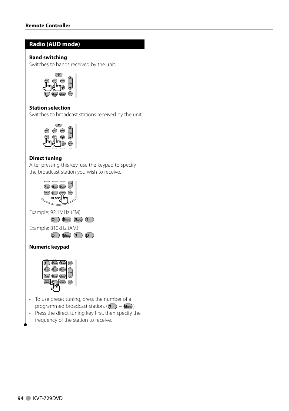 Radio (aud mode), Example: 92.1mhz (fm), Example: 810khz (am) | Numeric keypad | Kenwood KVT-729DVD User Manual | Page 94 / 100