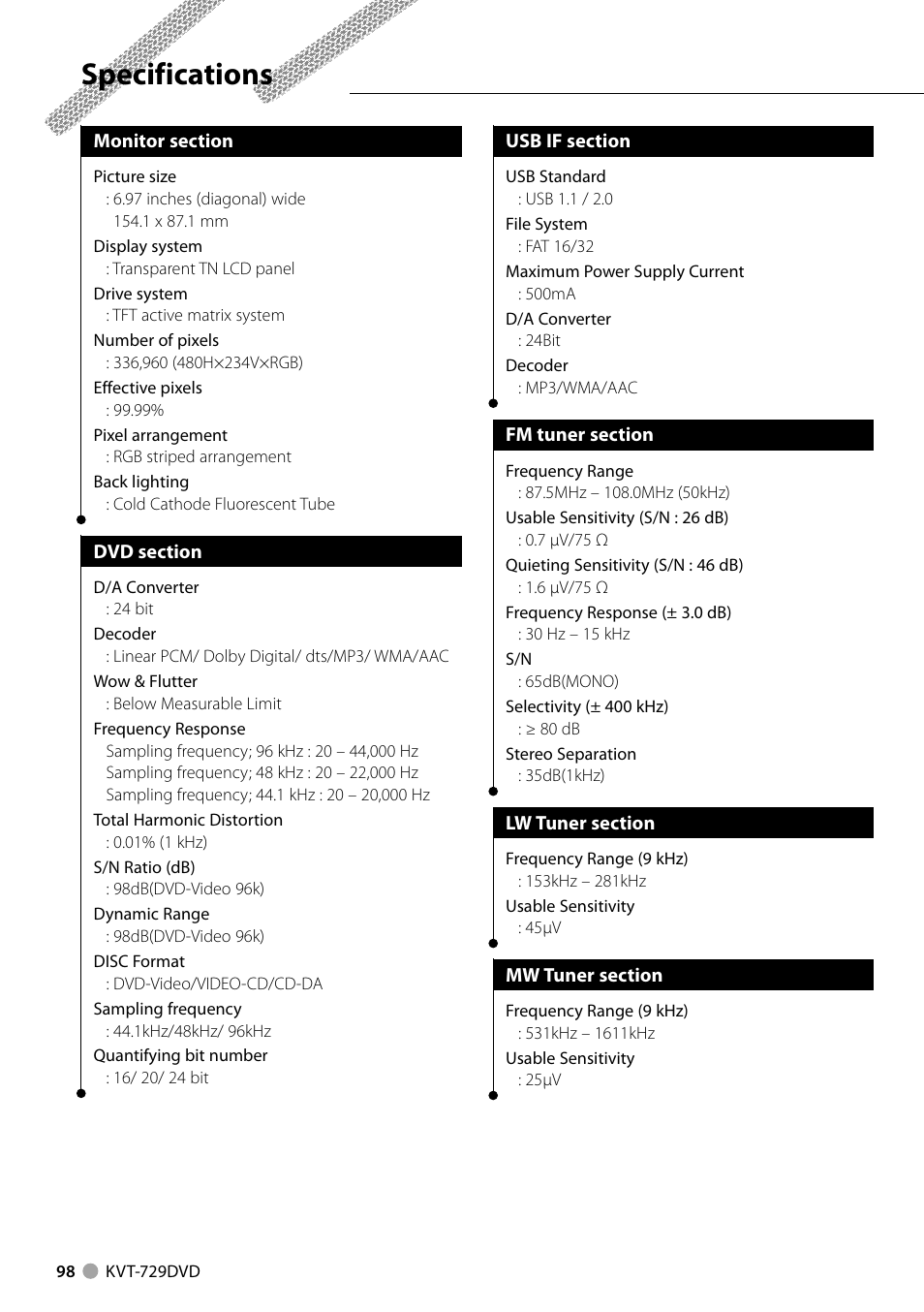 Specifications | Kenwood KVT-729DVD User Manual | Page 98 / 100