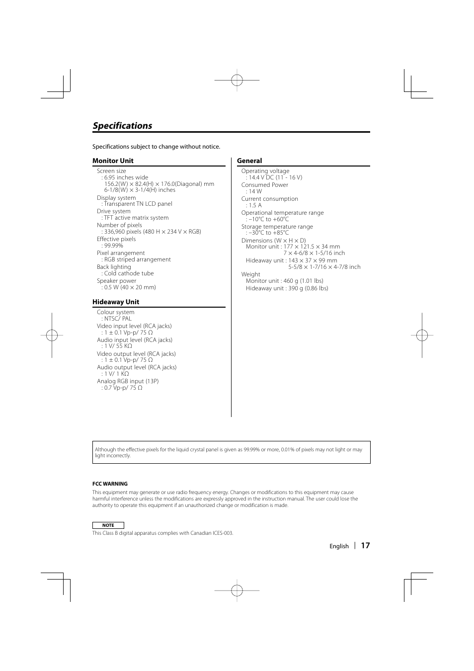 Specifications | Kenwood LZ-702W User Manual | Page 17 / 132