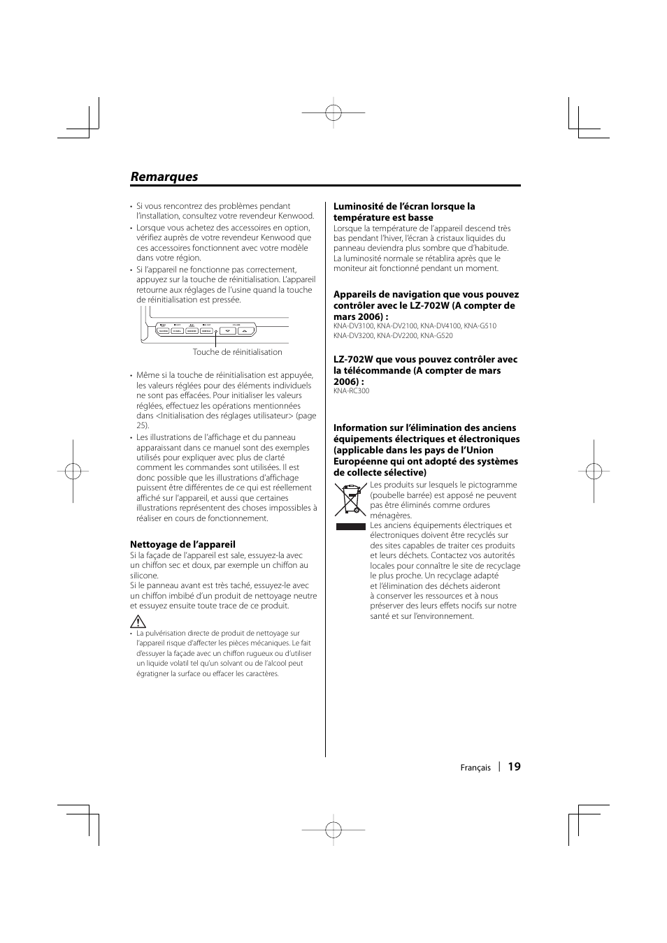 Remarques, Nettoyage de l’appareil | Kenwood LZ-702W User Manual | Page 19 / 132