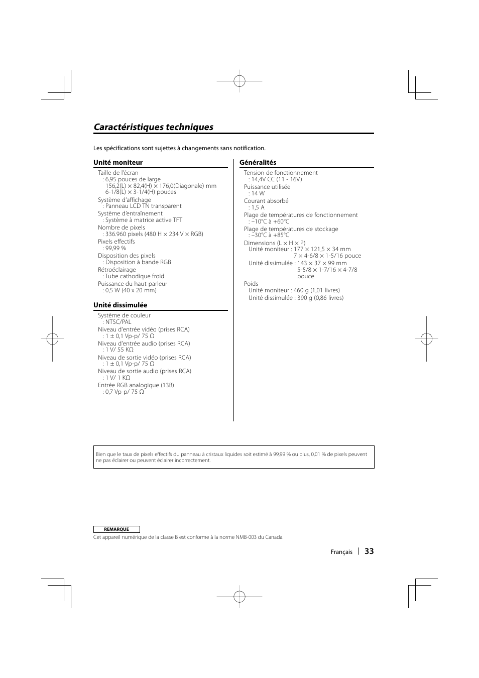 Caractéristiques techniques | Kenwood LZ-702W User Manual | Page 33 / 132