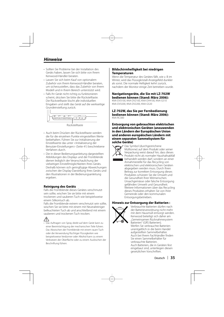Hinweise, Reinigung des geräts, Bildschirmhelligkeit bei niedrigen temperaturen | Hinweis zur entsorgung der batterien | Kenwood LZ-702W User Manual | Page 35 / 132