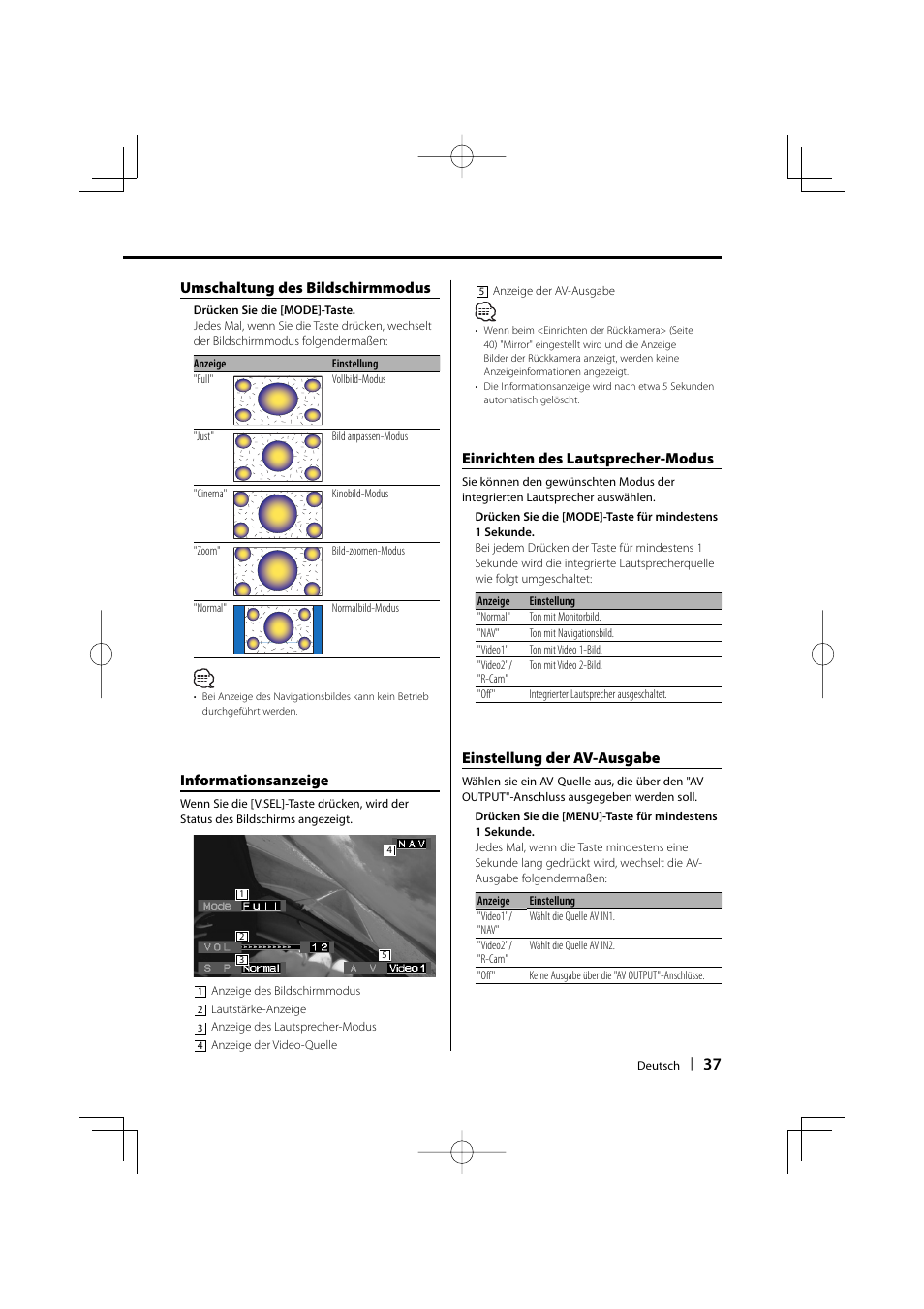 Umschaltung des bildschirmmodus, Einrichten des lautsprecher-modus, Einstellung der av-ausgabe | Informationsanzeige | Kenwood LZ-702W User Manual | Page 37 / 132