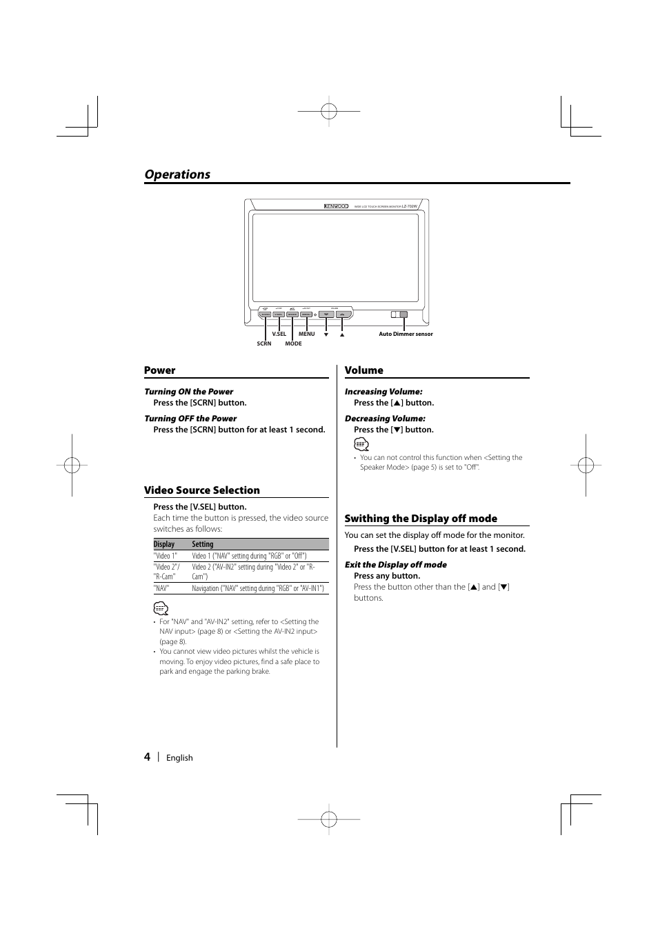 Operations, Power, Video source selection | Volume, Swithing the display off mode | Kenwood LZ-702W User Manual | Page 4 / 132