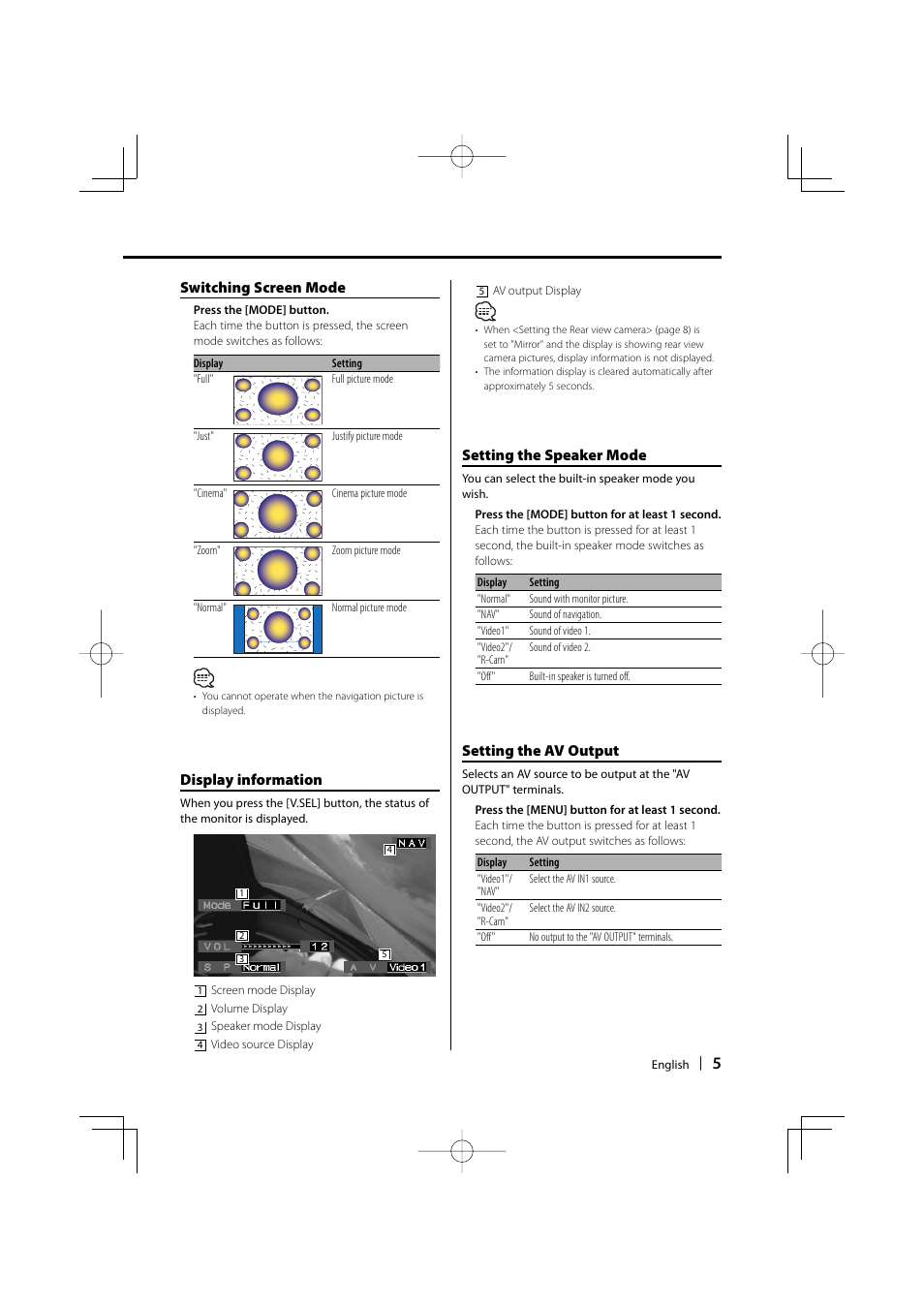 Switching screen mode, Setting the speaker mode, Setting the av output | Display information | Kenwood LZ-702W User Manual | Page 5 / 132