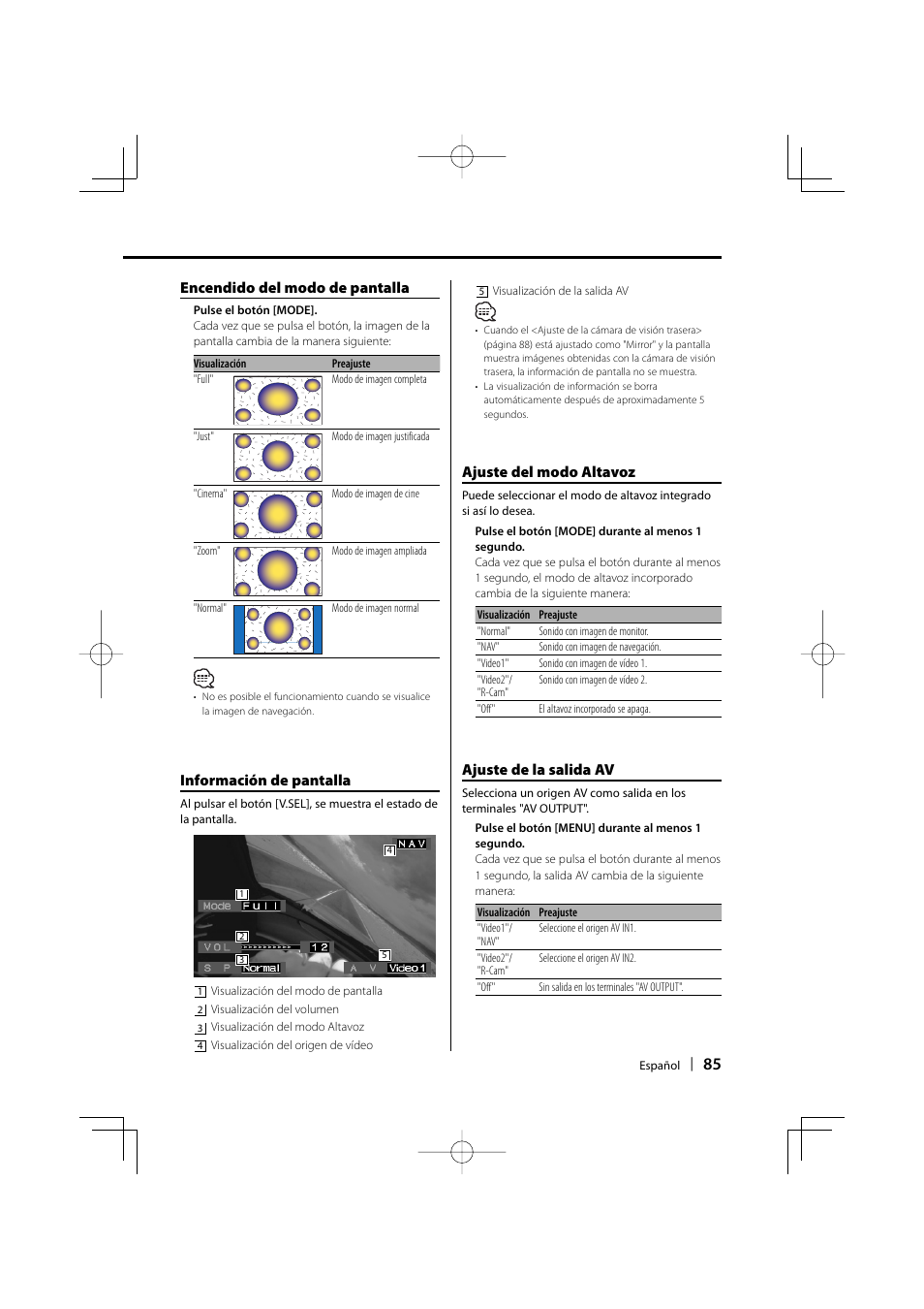 Encendido del modo de pantalla, Ajuste del modo altavoz, Ajuste de la salida av | Información de pantalla | Kenwood LZ-702W User Manual | Page 85 / 132