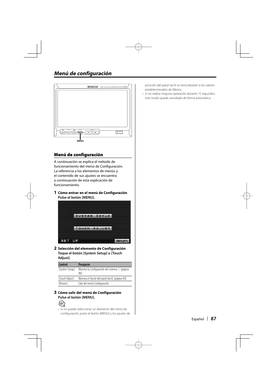 Menú de configuración | Kenwood LZ-702W User Manual | Page 87 / 132