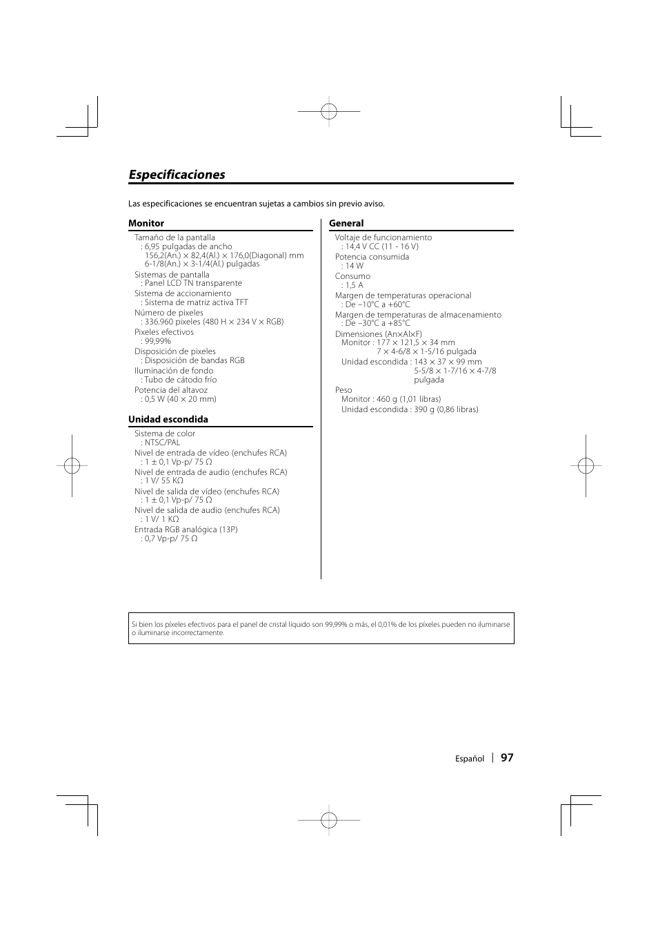 Especificaciones | Kenwood LZ-702W User Manual | Page 97 / 132