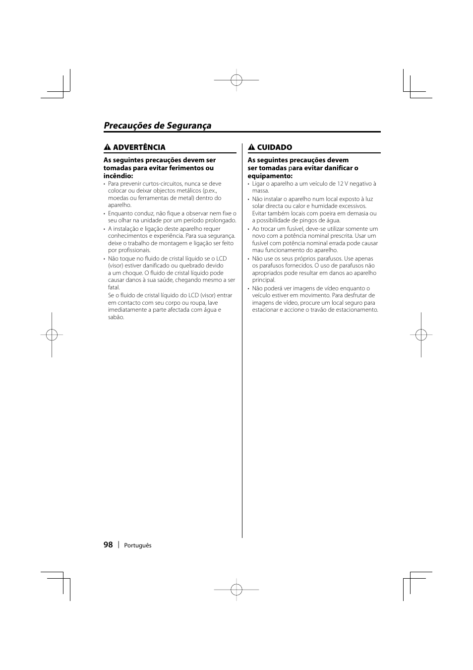 Precauções de segurança | Kenwood LZ-702W User Manual | Page 98 / 132