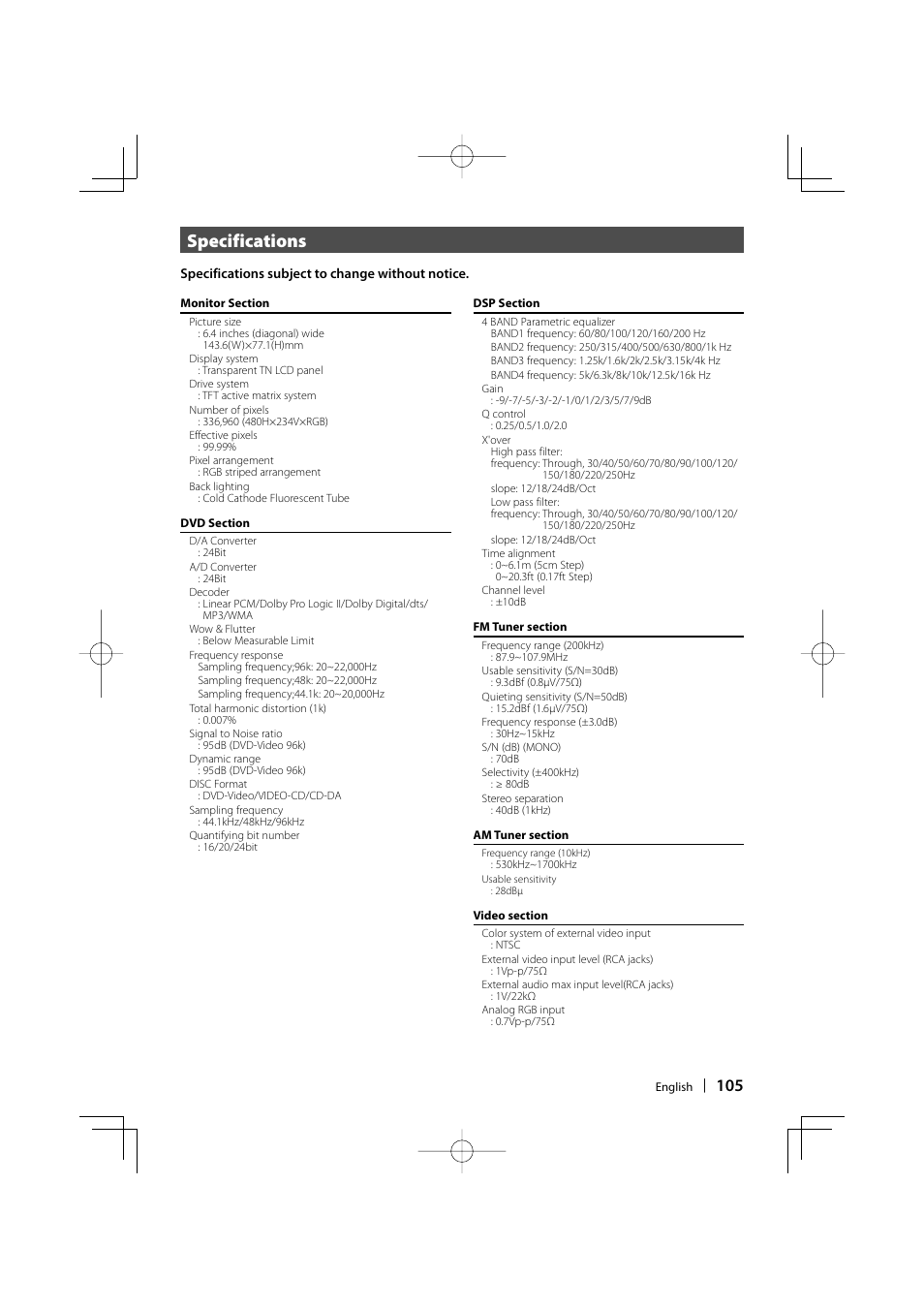 Specifications | Kenwood DDX8017 User Manual | Page 105 / 108