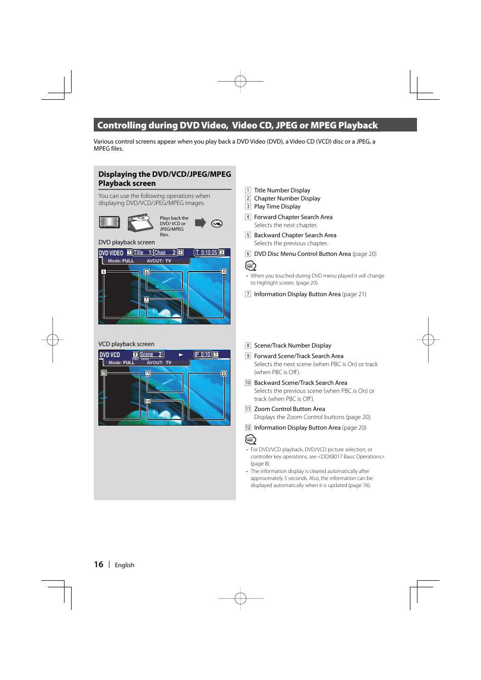 Displaying the dvd/vcd/jpeg/mpeg playback screen | Kenwood DDX8017 User Manual | Page 16 / 108