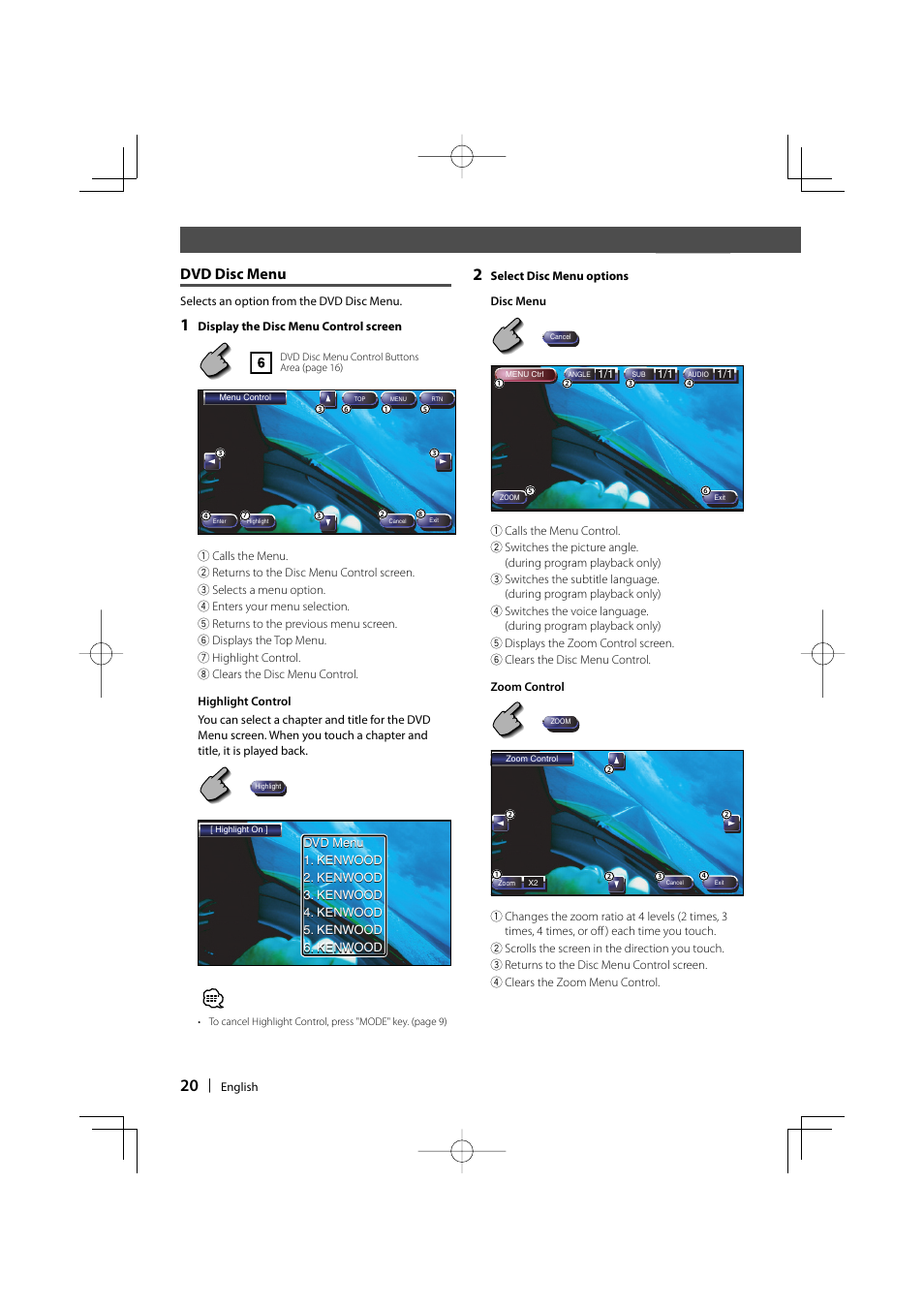 Dvd disc menu | Kenwood DDX8017 User Manual | Page 20 / 108