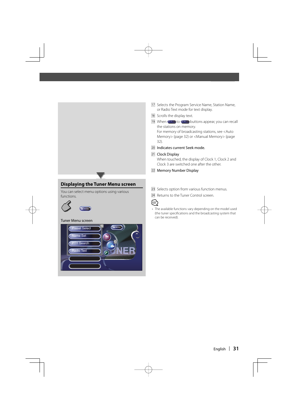 Displaying the tuner menu screen | Kenwood DDX8017 User Manual | Page 31 / 108