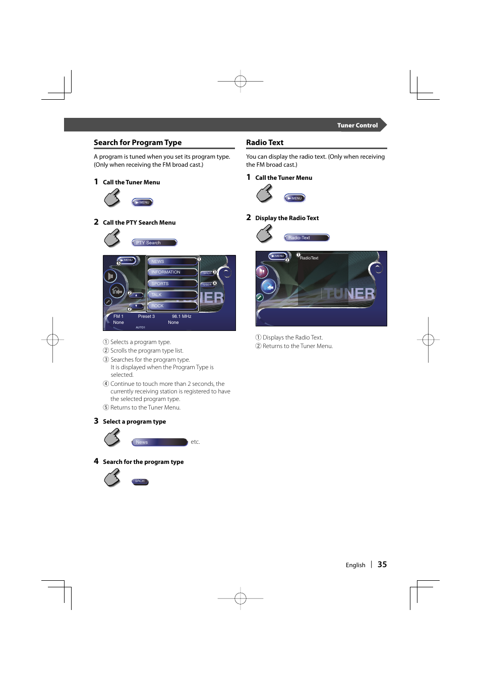 Tuner, Search for program type, Radio text | Kenwood DDX8017 User Manual | Page 35 / 108