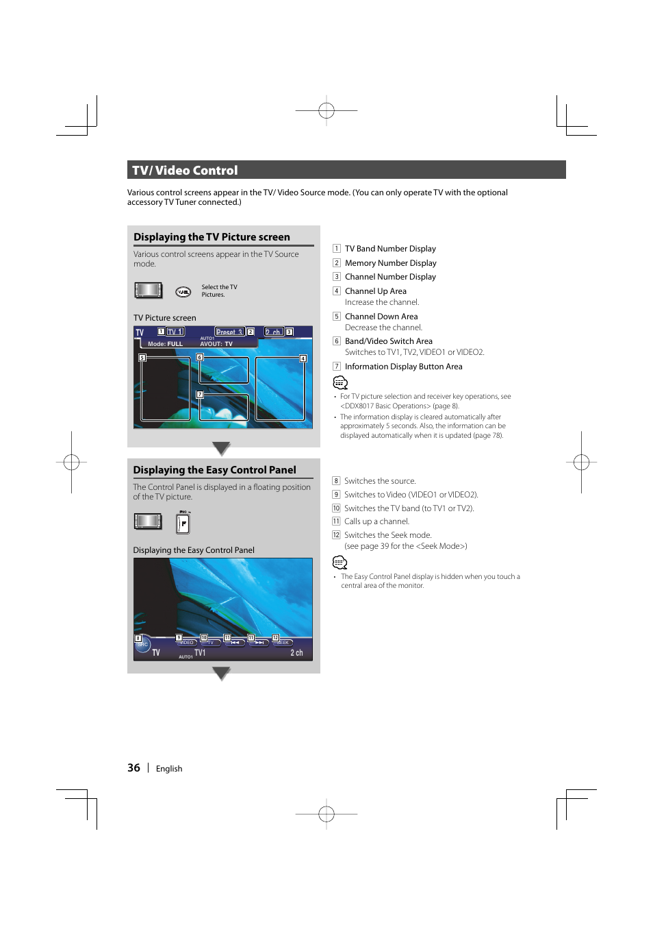 Tv/ video control, Displaying the tv picture screen, Displaying the easy control panel | Kenwood DDX8017 User Manual | Page 36 / 108