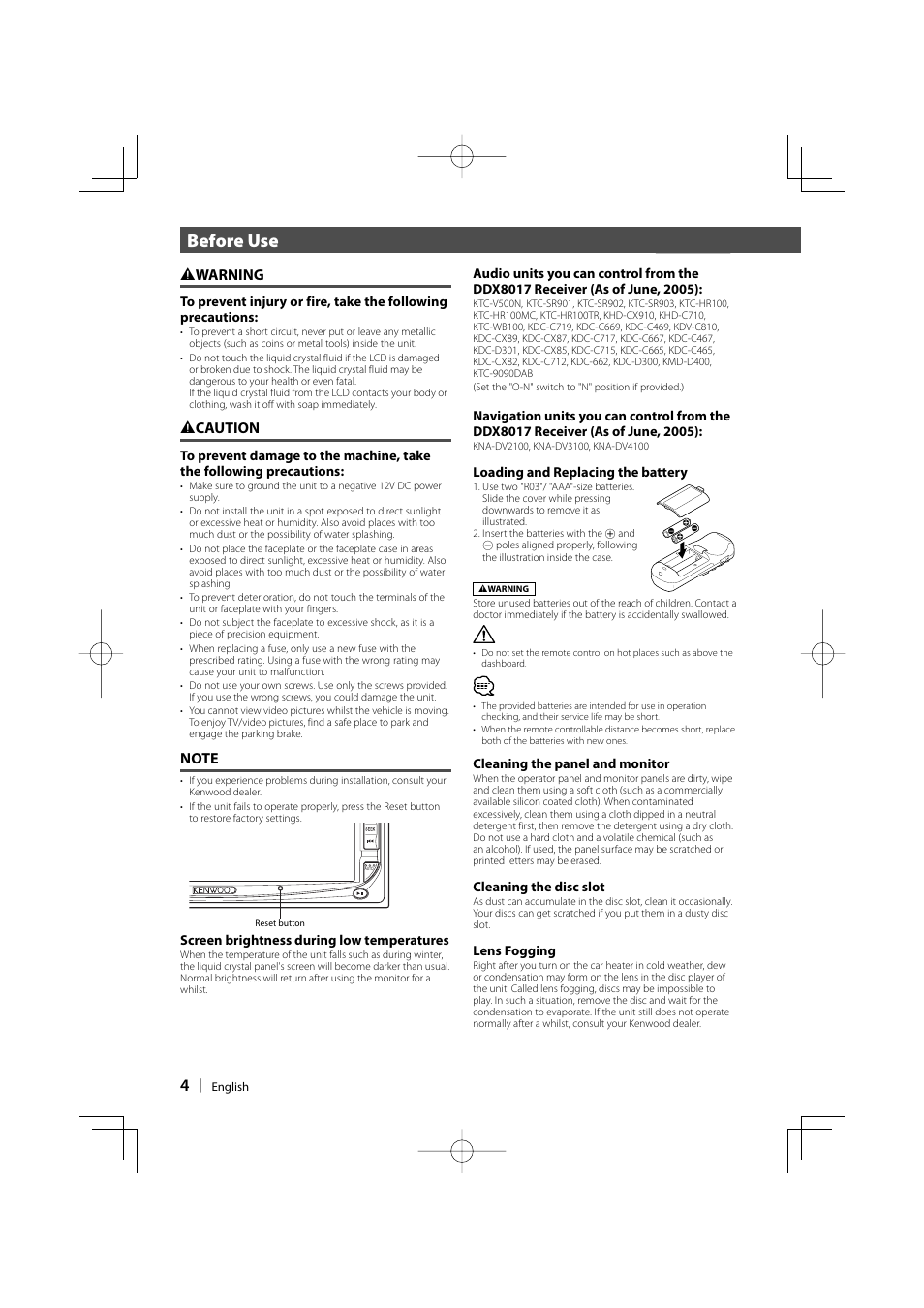 Before use, 2 warning, 2 caution | Kenwood DDX8017 User Manual | Page 4 / 108