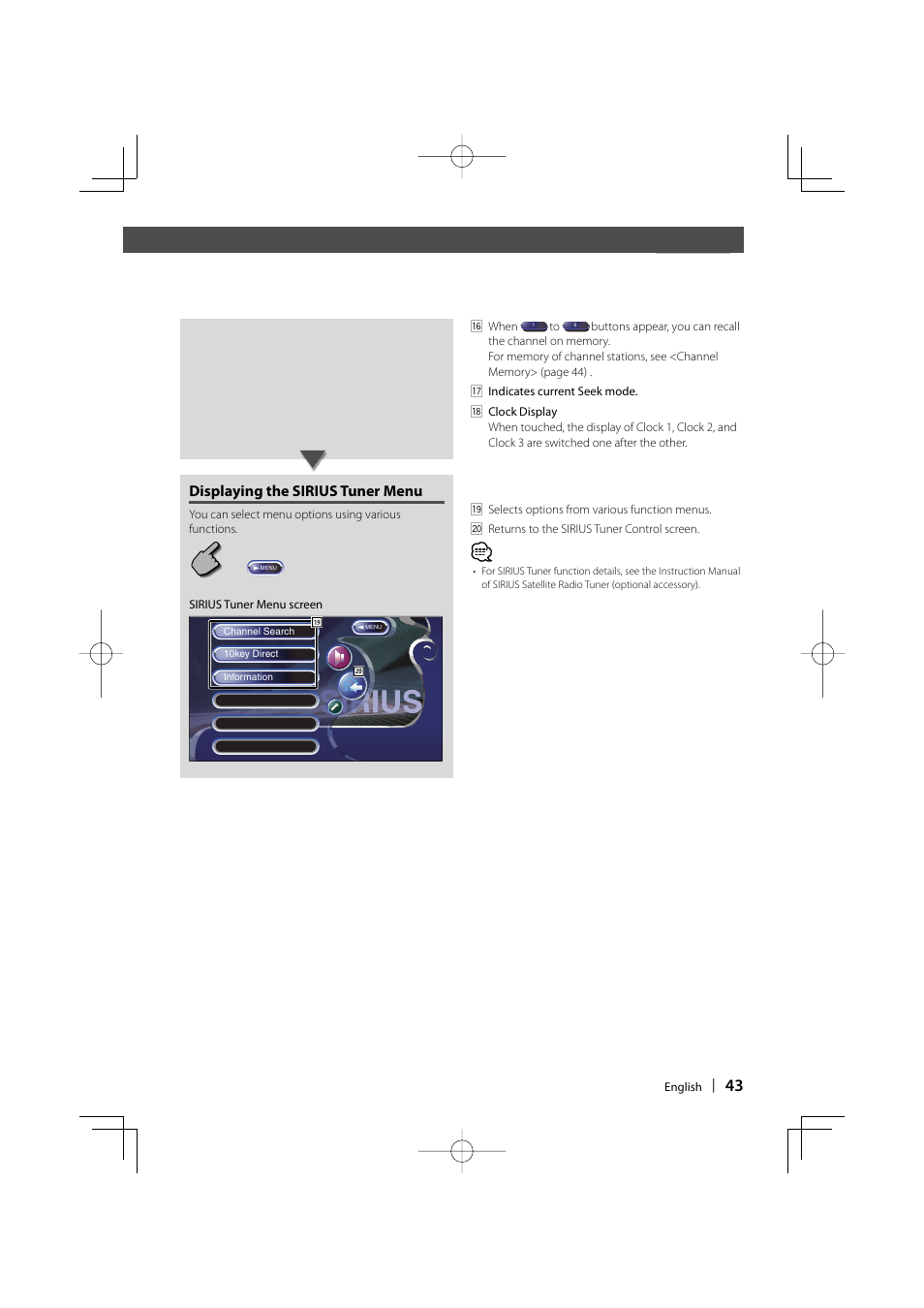 Displaying the sirius tuner menu | Kenwood DDX8017 User Manual | Page 43 / 108