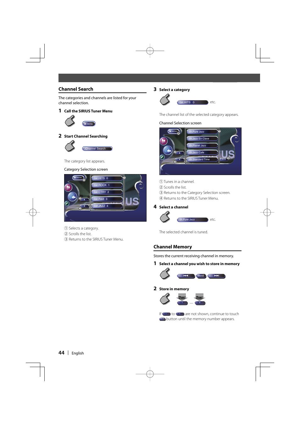 Sirius, Channel search | Kenwood DDX8017 User Manual | Page 44 / 108