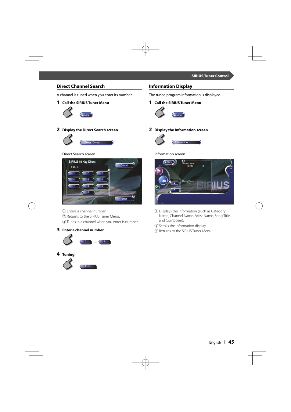 Direct channel search, Information display | Kenwood DDX8017 User Manual | Page 45 / 108