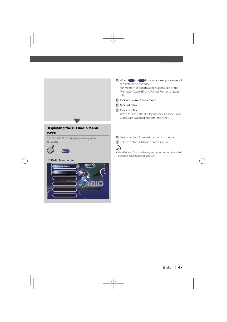 Displaying the hd radio menu screen | Kenwood DDX8017 User Manual | Page 47 / 108