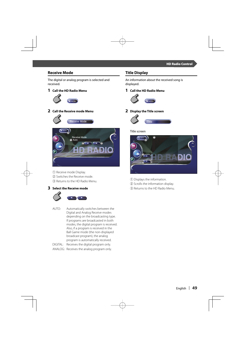 Hd radio, Receive mode, Title display | Kenwood DDX8017 User Manual | Page 49 / 108