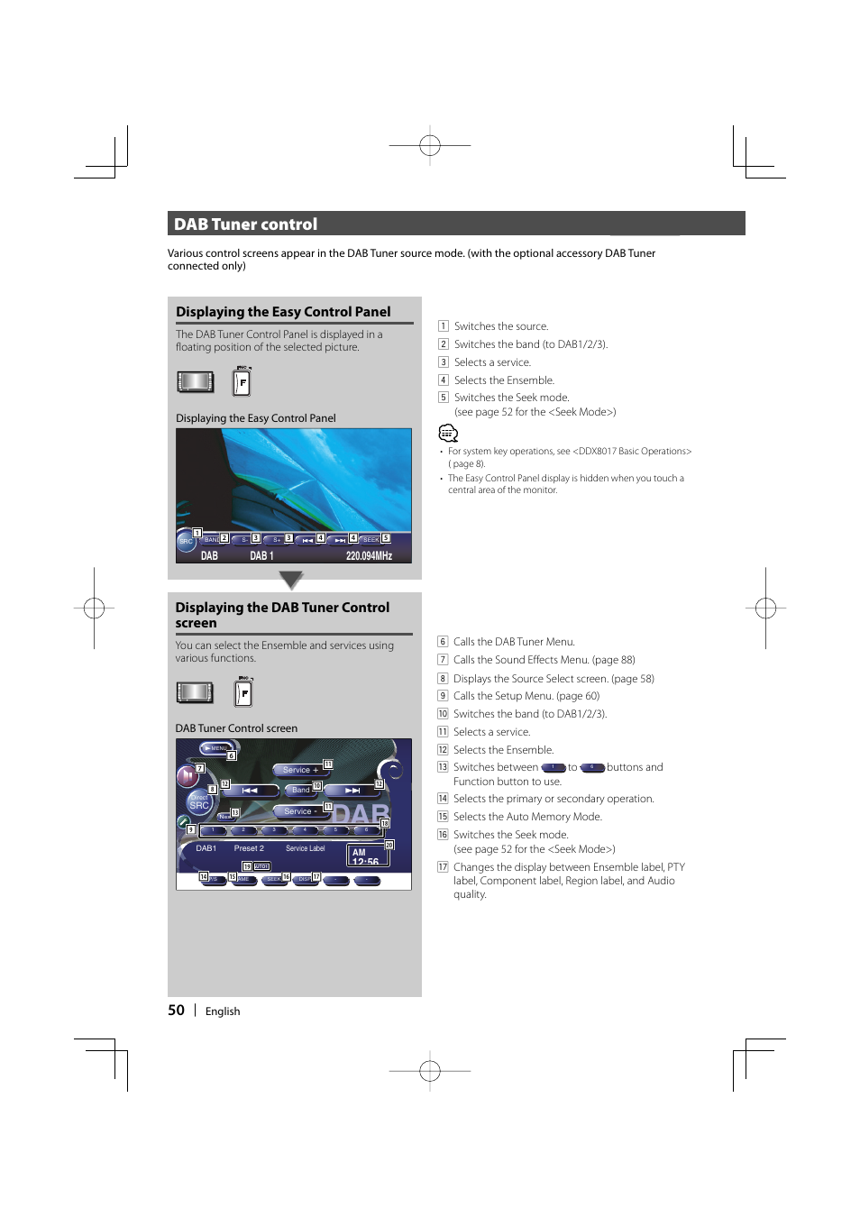 Dab tuner control, Displaying the easy control panel, Displaying the dab tuner control screen | Kenwood DDX8017 User Manual | Page 50 / 108