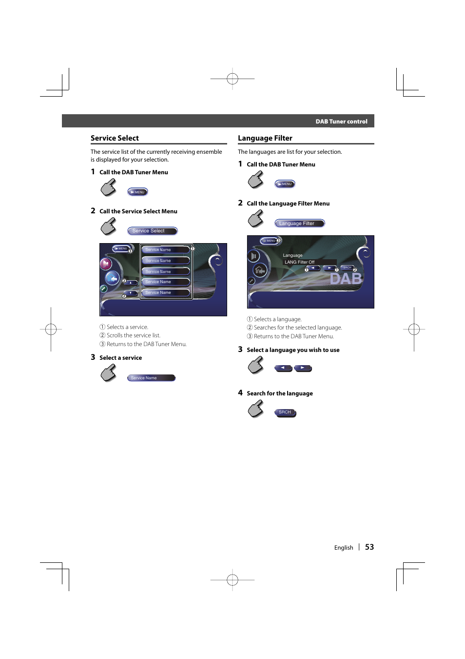 Service select, Language filter | Kenwood DDX8017 User Manual | Page 53 / 108