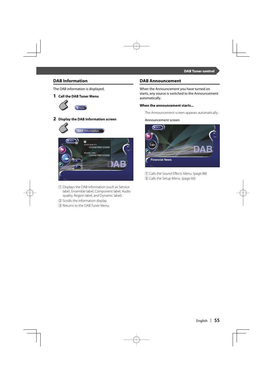 Dab information, Dab announcement | Kenwood DDX8017 User Manual | Page 55 / 108