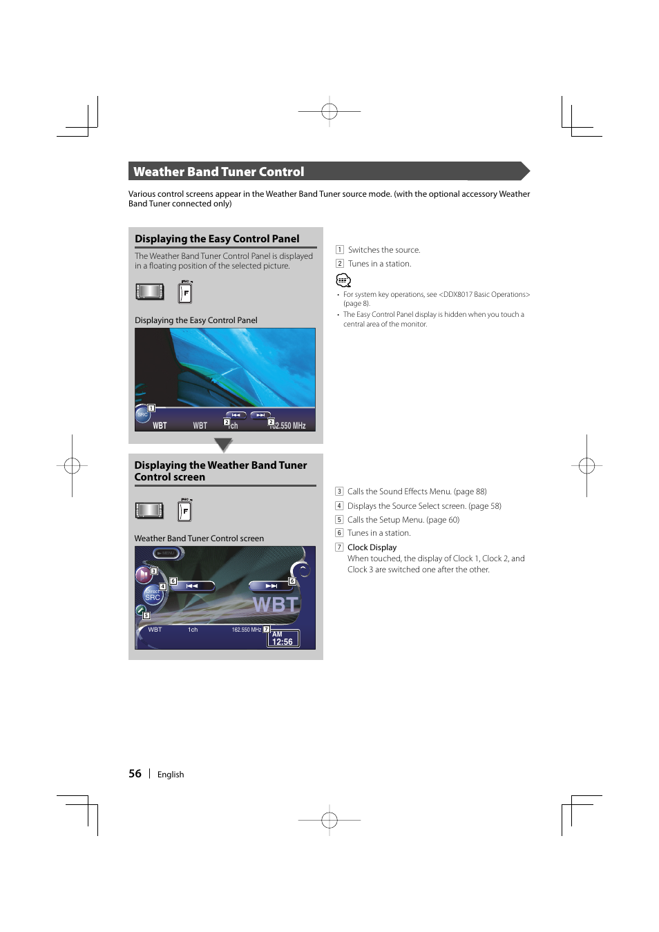 Weather band tuner control, Displaying the weather band tuner control screen, Displaying the easy control panel | Kenwood DDX8017 User Manual | Page 56 / 108