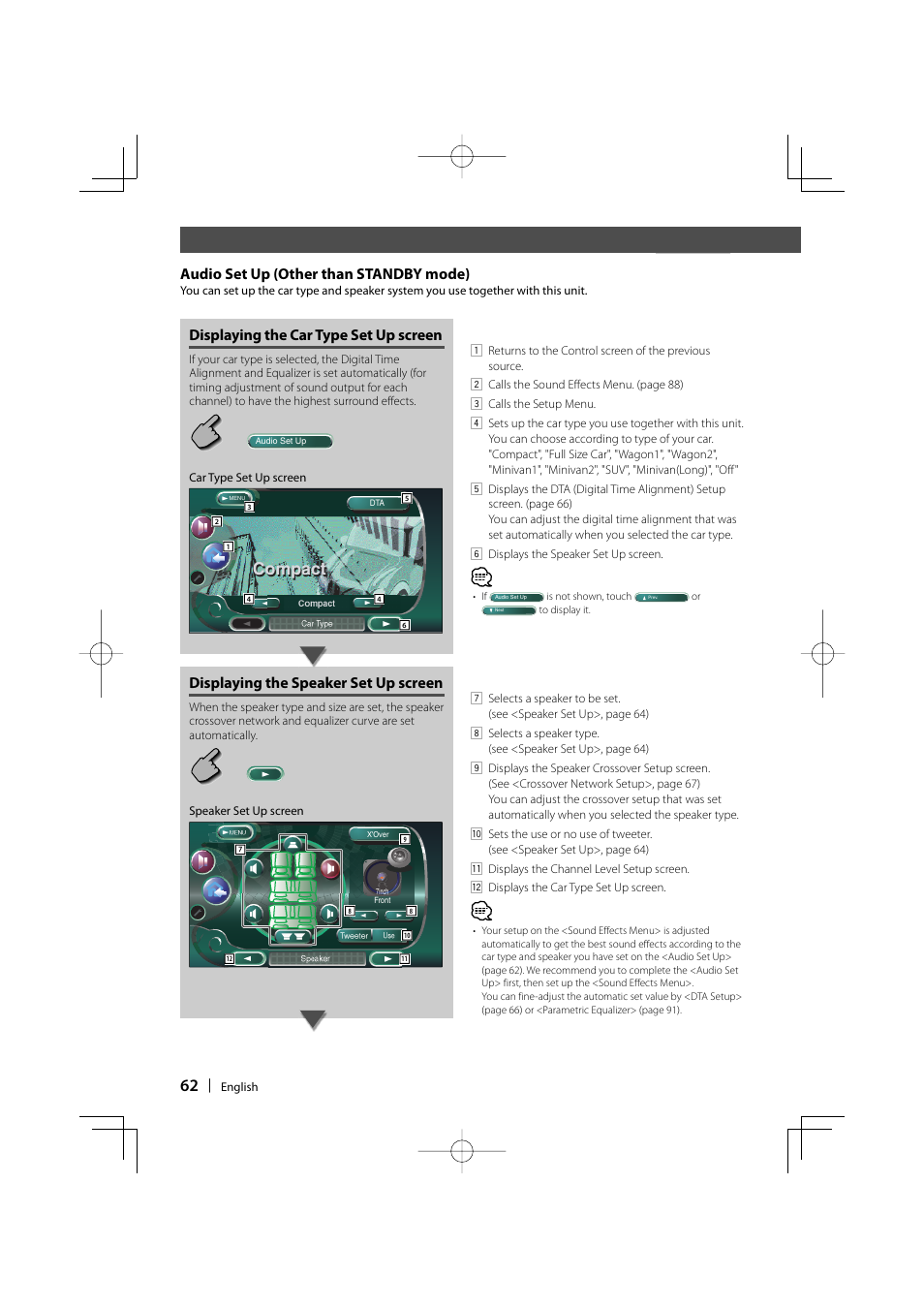 Compact, Audio set up (other than standby mode), Displaying the car type set up screen | Displaying the speaker set up screen | Kenwood DDX8017 User Manual | Page 62 / 108