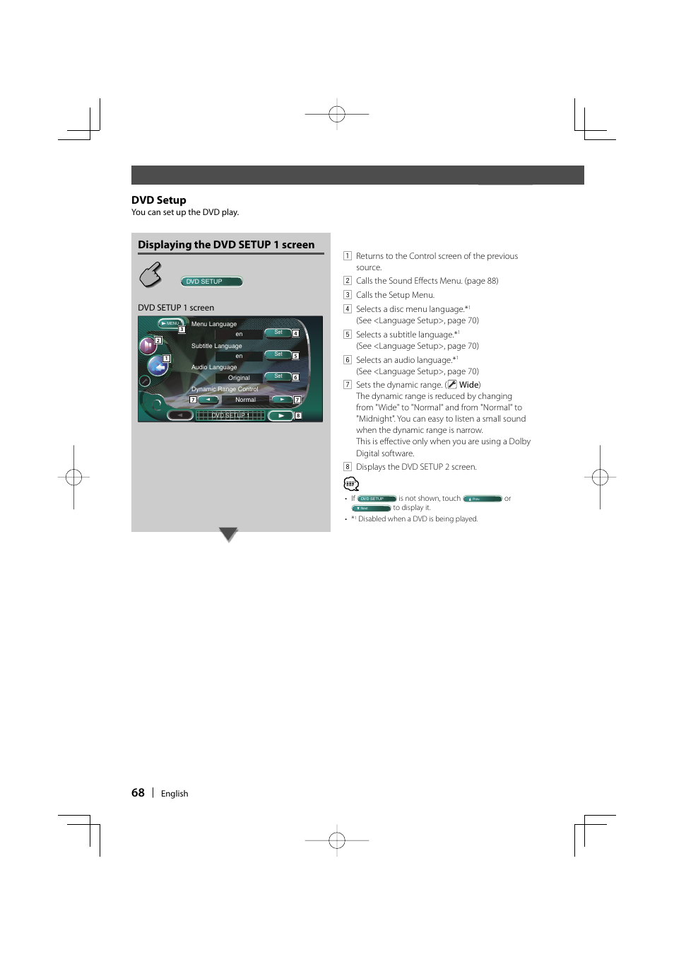 Before use, Dvd setup, Displaying the dvd setup 1 screen | Kenwood DDX8017 User Manual | Page 68 / 108