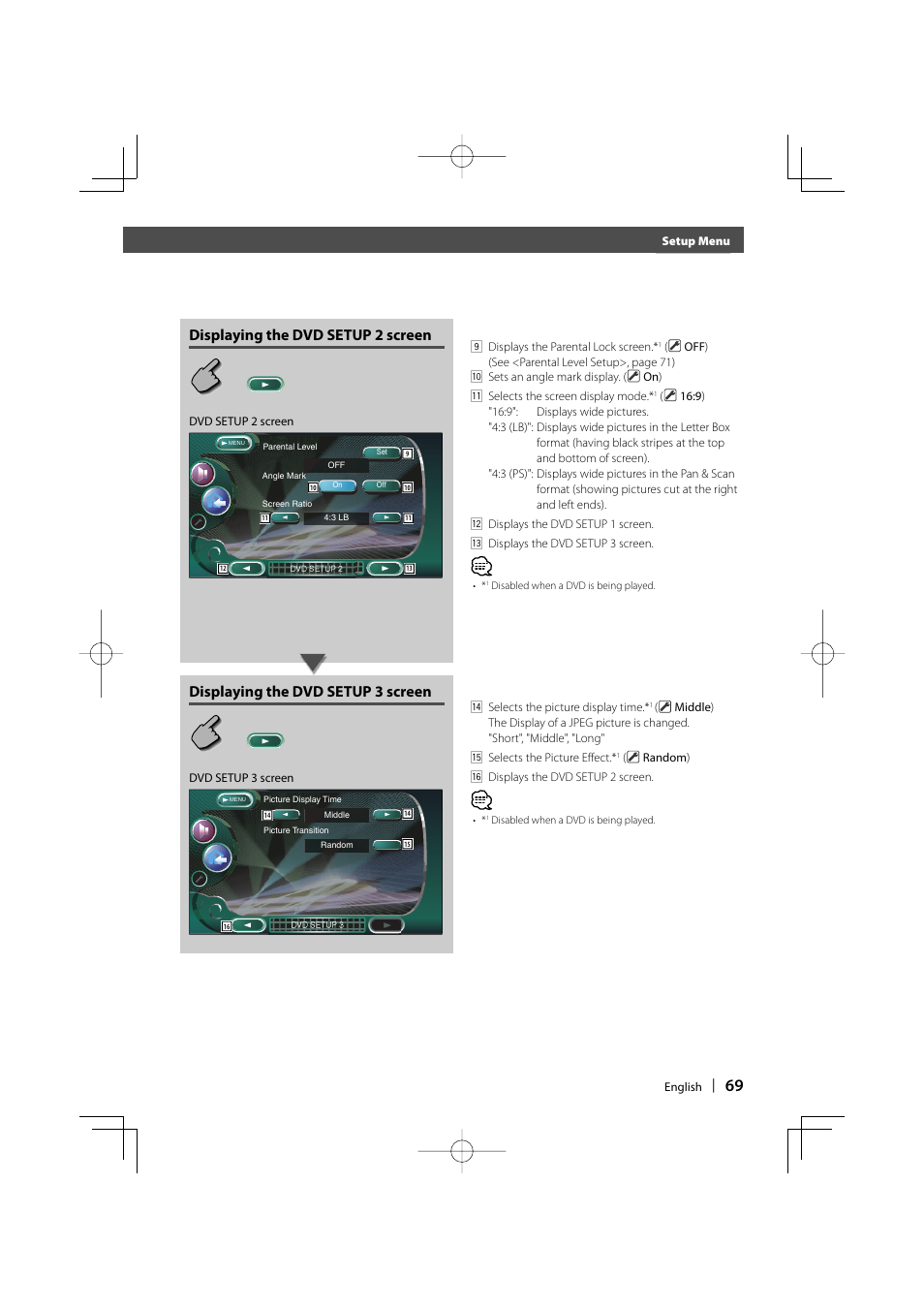 Before use, Displaying the dvd setup 2 screen, Displaying the dvd setup 3 screen | Kenwood DDX8017 User Manual | Page 69 / 108