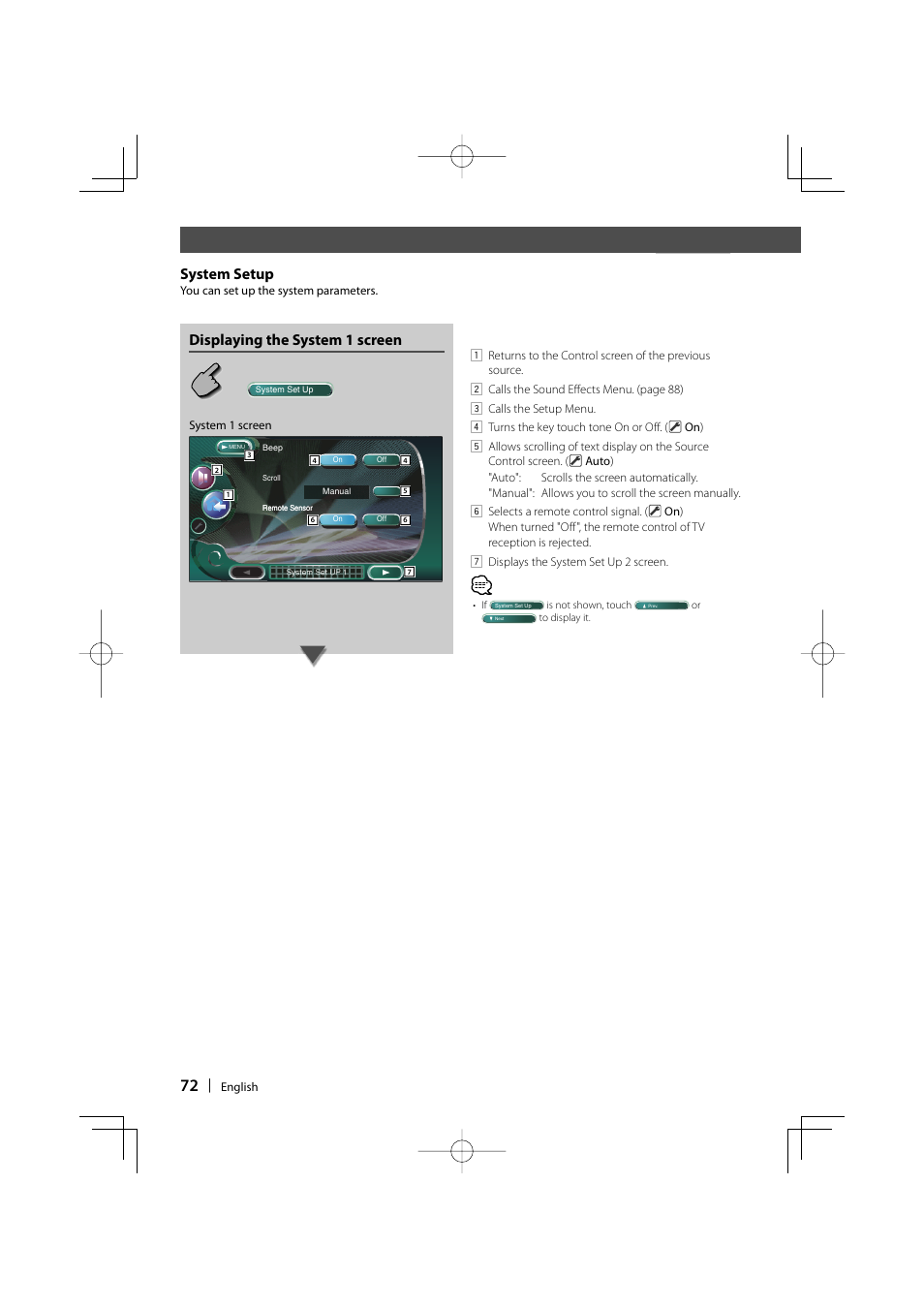 System setup, Displaying the system 1 screen | Kenwood DDX8017 User Manual | Page 72 / 108