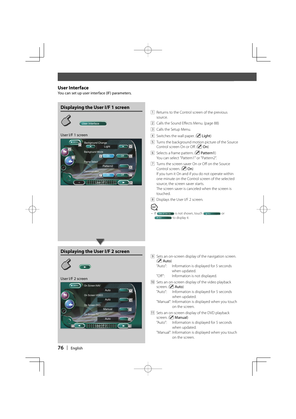 User interface, Displaying the user i/f 1 screen, Displaying the user i/f 2 screen | Kenwood DDX8017 User Manual | Page 76 / 108