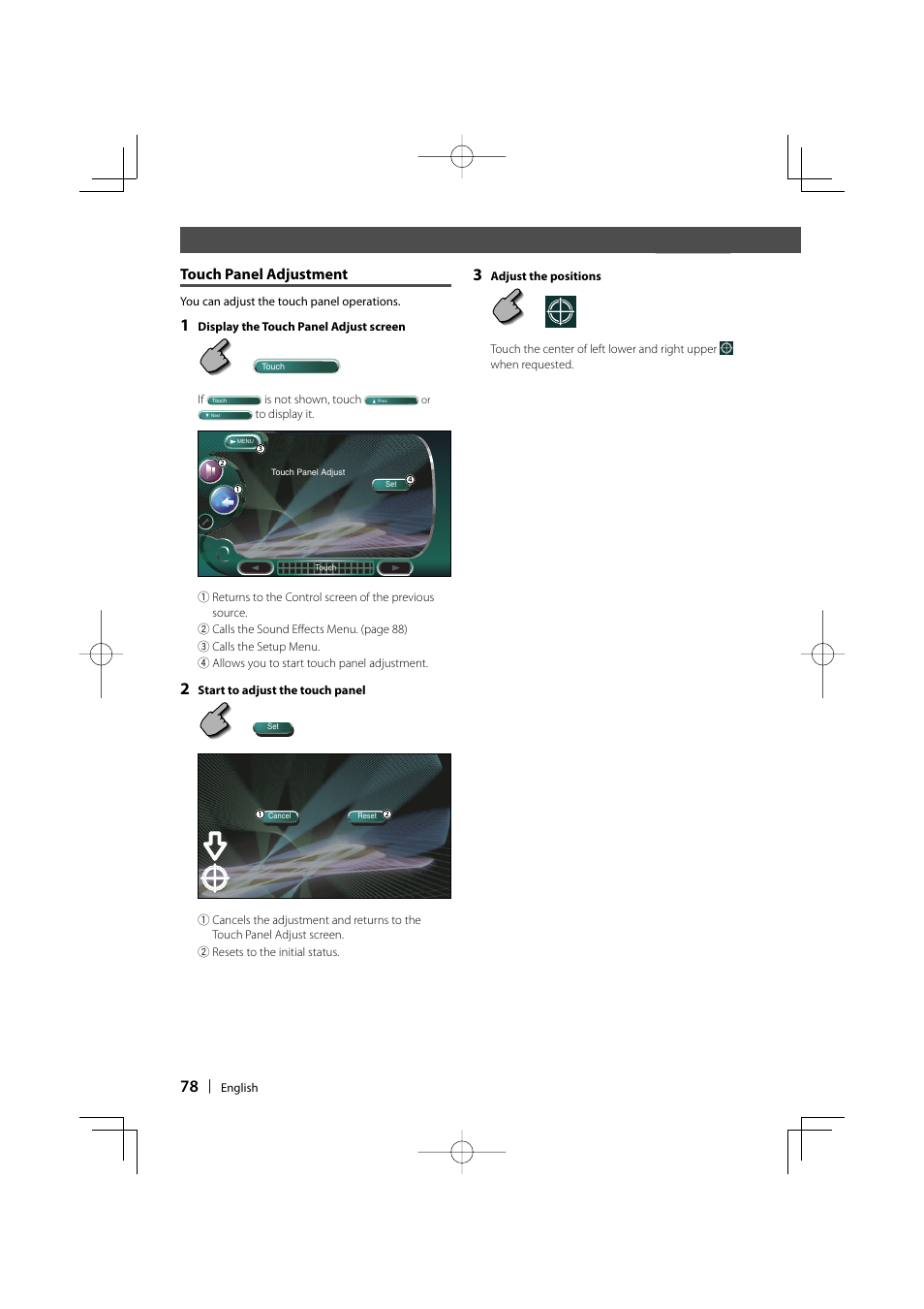 Touch panel adjustment | Kenwood DDX8017 User Manual | Page 78 / 108