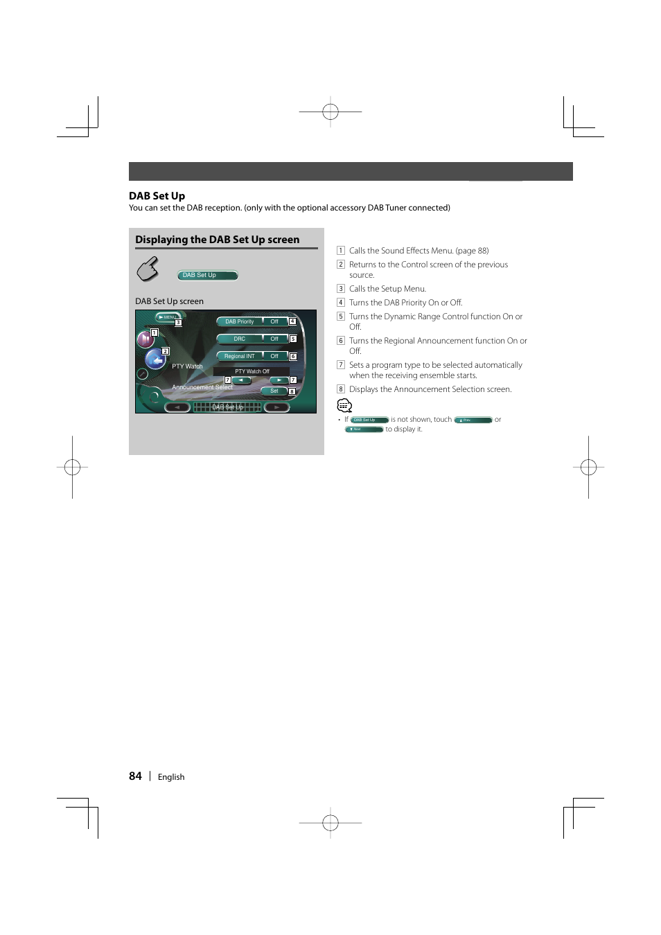 Dab set up, Displaying the dab set up screen | Kenwood DDX8017 User Manual | Page 84 / 108