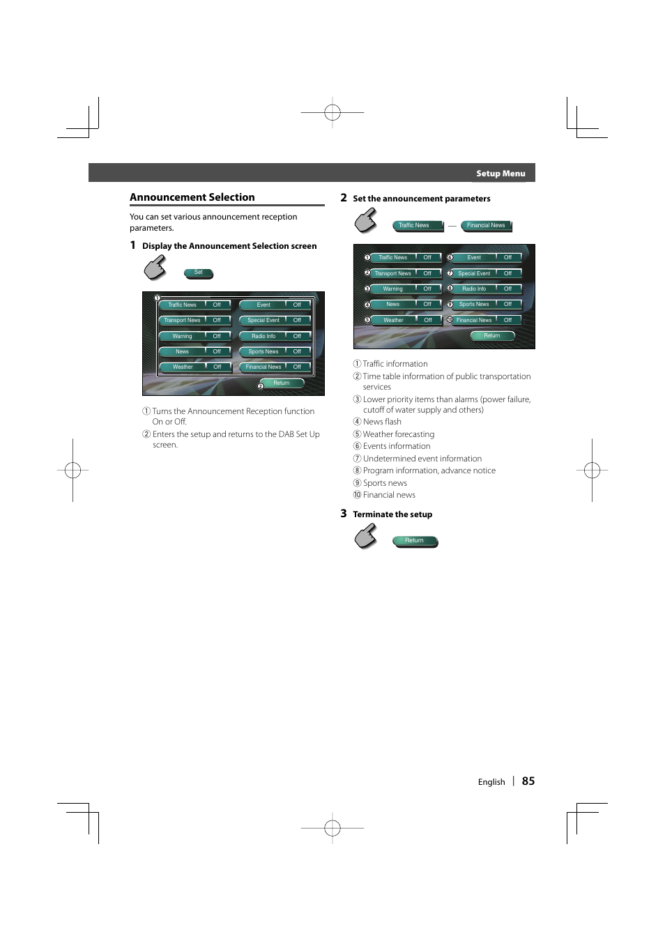 Announcement selection | Kenwood DDX8017 User Manual | Page 85 / 108