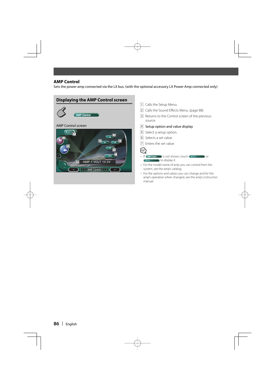 Amp control, Displaying the amp control screen | Kenwood DDX8017 User Manual | Page 86 / 108