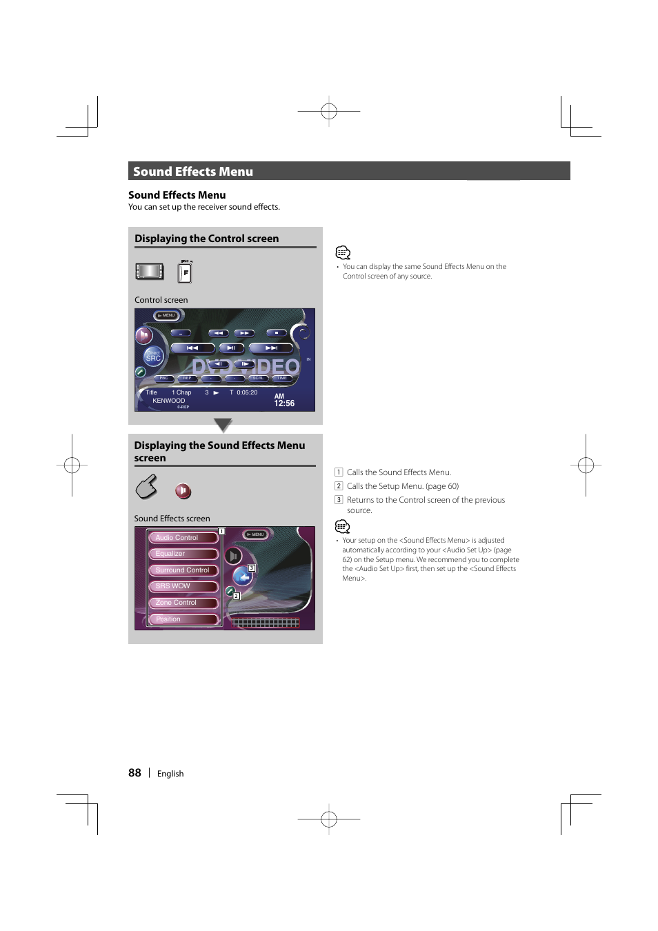 Dvd video, Before use, Sound effects menu | Displaying the control screen, Displaying the sound effects menu screen | Kenwood DDX8017 User Manual | Page 88 / 108